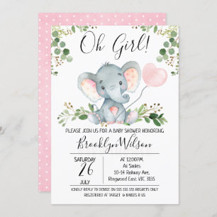 Oh Girl Elephant Balloon Baby shower Invitation