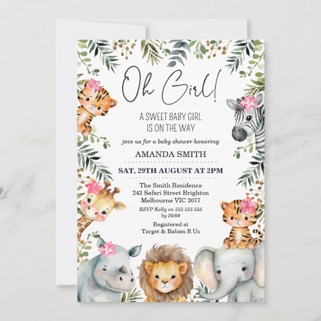 Oh Girl Safari Foliage Baby shower Invitation (Devant)
