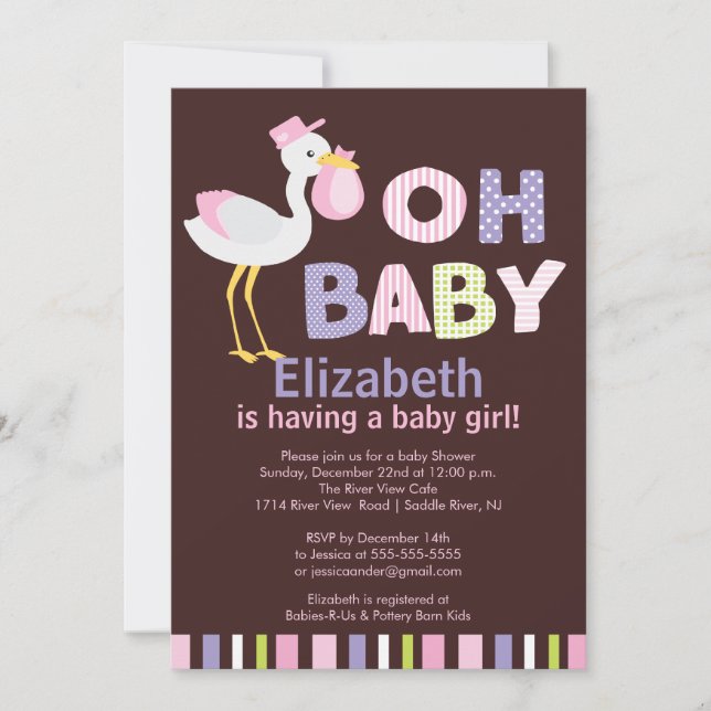 Oh invitations de baby shower de fille de cigogne (Devant)