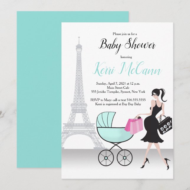 Oh Là Baby shower Invitation à thème à Paris (Devant / Derrière)