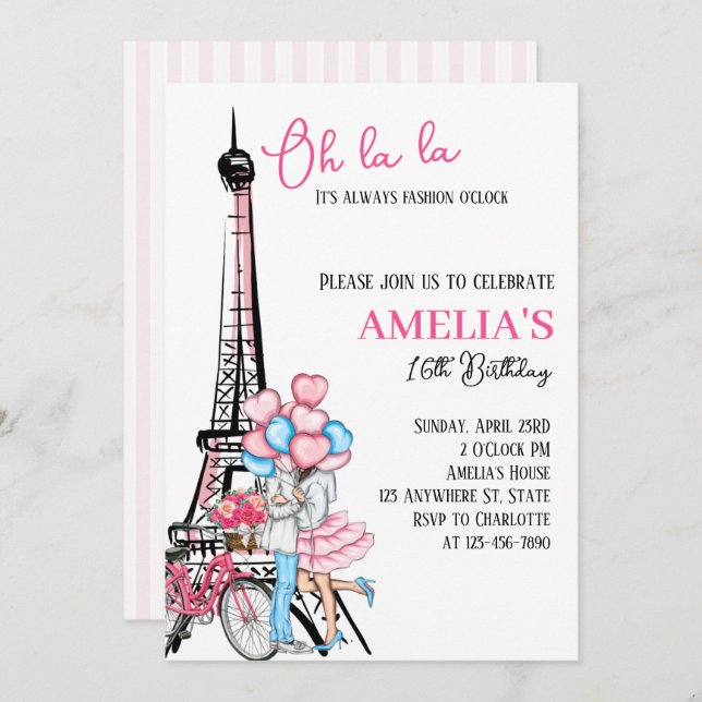 Oh la la Paris Pink Lovers Anniversaire Invitation (Devant / Derrière)
