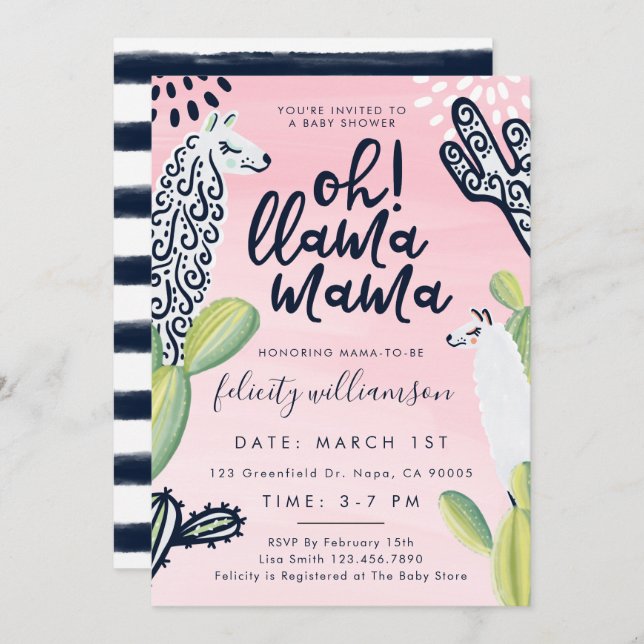 Oh Llama Mama Baby Girl Baby shower Invitation (Devant / Derrière)