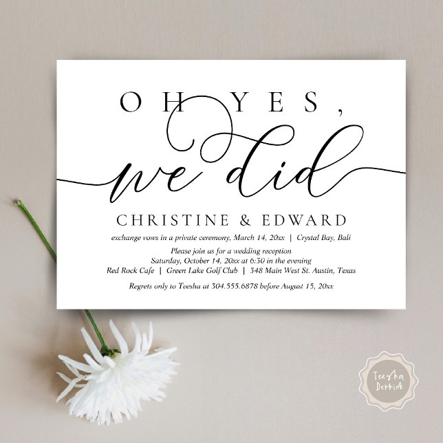 Oh oui, nous l'avons fait, Faire-part de mariage e (Oh Yes, We Did, Wedding Elopement Dinner Invitation Card, PDF, Modern Romantic, in Black and White)