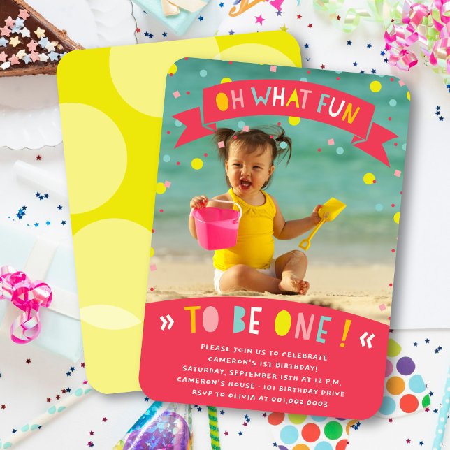 Oh Quel Amusant Confetti Premier Invitation de fêt (Oh What Fun To Be One Colorful Confetti Girl 1st Birthday Party Photo Invitation @ fatfatin)