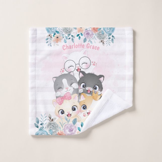 Oh So Girly Mignon Heureux Amis Chatons Floral Nom (Gant de toilette)