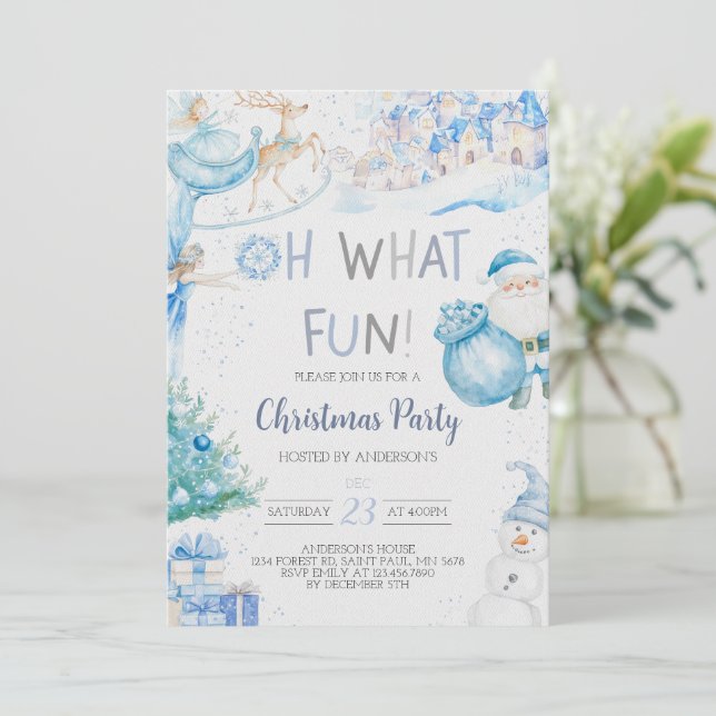 Oh What Fun Blue Christmas Party Invitation (Debout devant)