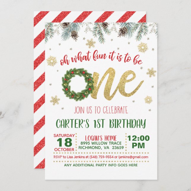 Oh What Fun it to Be One Birthday Invitation Wr (Devant / Derrière)