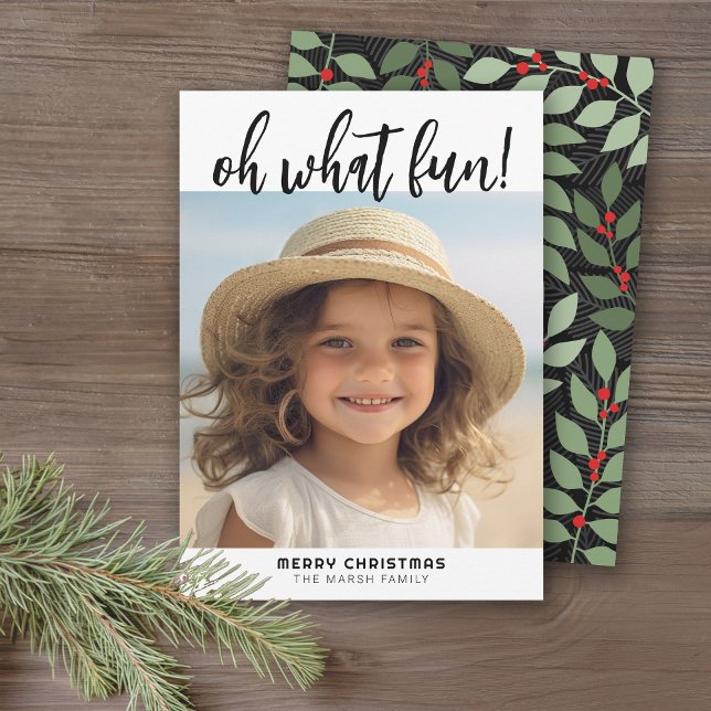 Oh What Fun - Modern Minimal Gallery Photo - noir (A modern, minimal Christmas card with a large script over photo and a striking botanical pattern.)