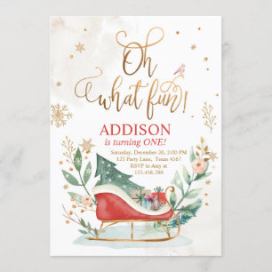 Oh What Fun Winter Sleigh 1er Birthday Invitation