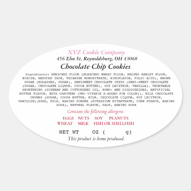 Ohio Cottage Food Law Étiquette home baker (Devant)