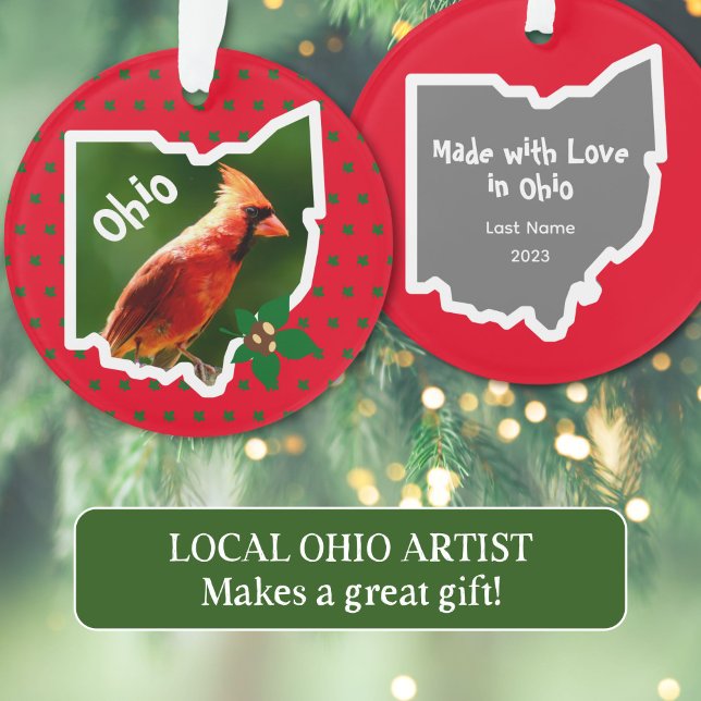 Ohio Pride Cardinal de Noël et Ornement Buckeye (Cardinal in the shape of Ohio and the phrase "Made with Love in Ohio" ornament makes a lovely gift.)