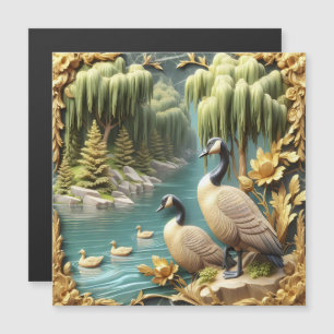 Oies du Canada au milieu des saules qui pleuvent