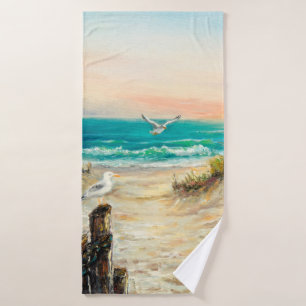  oil painting of ocean beach dunes with seagulls o