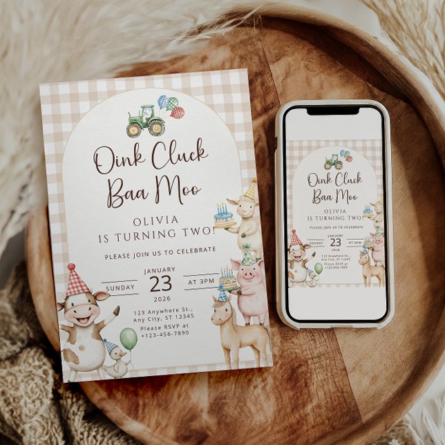 Oink Baa Moo Turning Two Birthday Invitation (Créateur téléchargé)