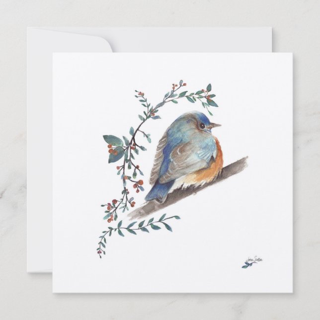 Oiseau bleu Aquarelle Baies Art de verdure (Devant)