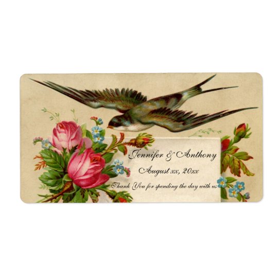 Oiseau bleu et roses d'étiquette de vin de mariage étiquette d'expédition