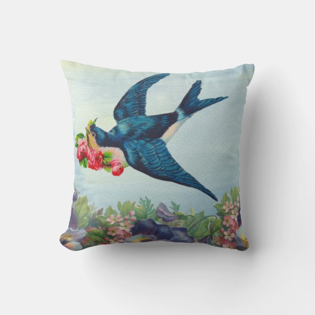 Oiseau Bleu Oiseau Coton Oreiller 16" x 16" (Recto)