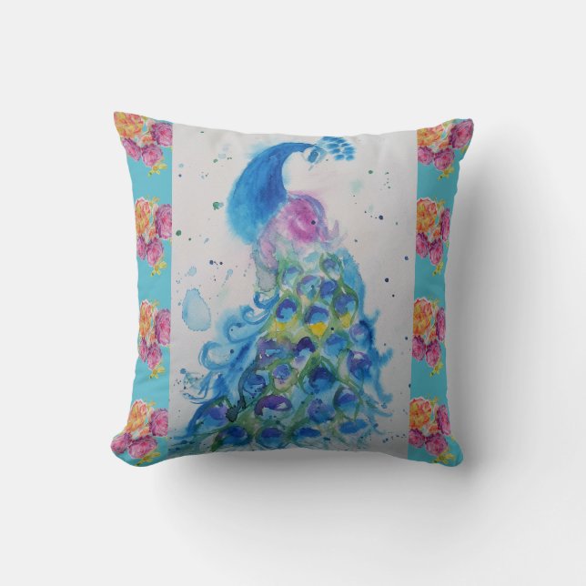 Oiseau bleu paon Coussin de rose aqua aquarelle (Recto)