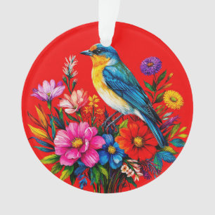 Oiseau bleu perché parmi des fleurs printanières c