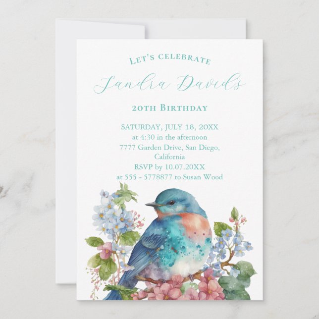 Oiseau bleu romantique Invitation Anniversaire (Devant)