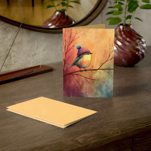 Oiseau chanteur d'hiver au chapeau tricoté Carte