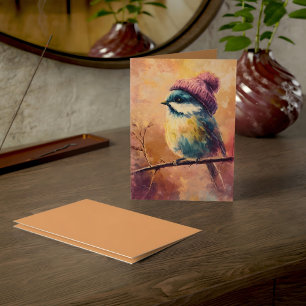 Oiseau chanteur d'hiver au chapeau tricoté Carte