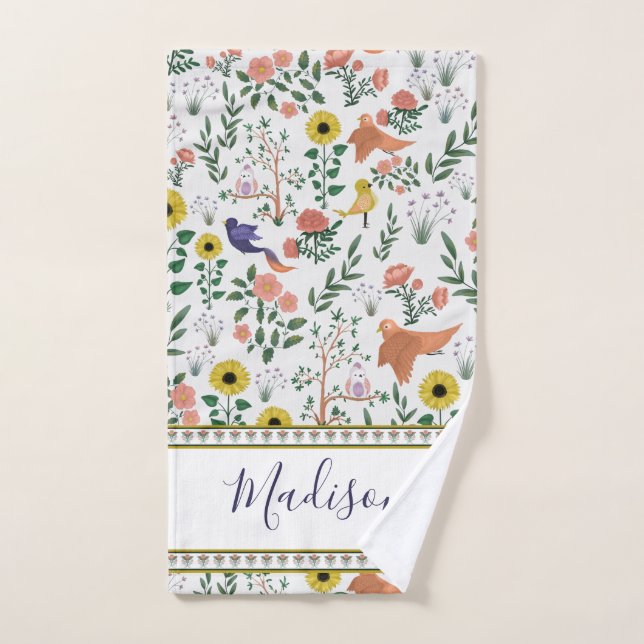 Oiseau de Boho coloré mignon et motif floral (Serviette à main)