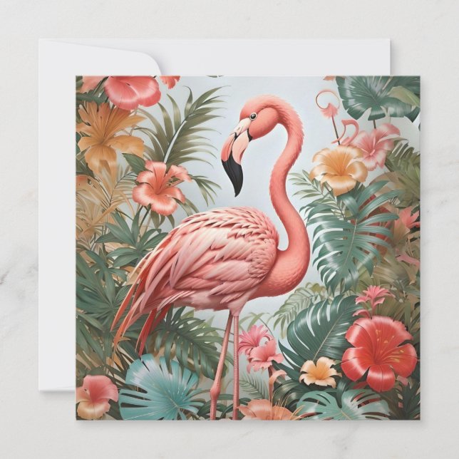 Oiseau de Flamant rose rose élégant et fleurs trop (Devant)