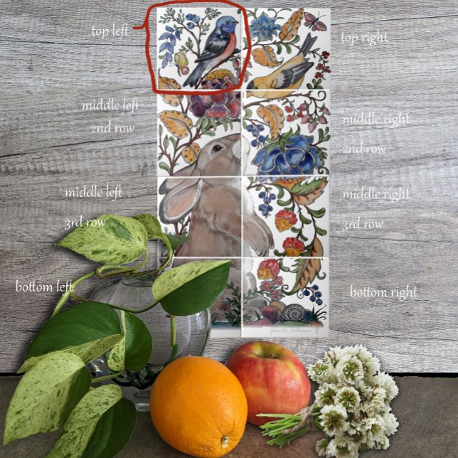 Oiseau de lapin Jacobean Carreau floral Mural 8pc  (Créateur téléchargé)