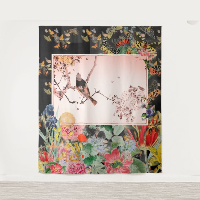 OISEAU JAPONAIS AVEC FLEURS SUR Tapisserie NOIRE (Devant)