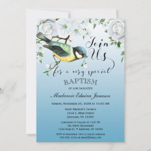 Oiseau Nature Baptême Invitation Bleu Floral