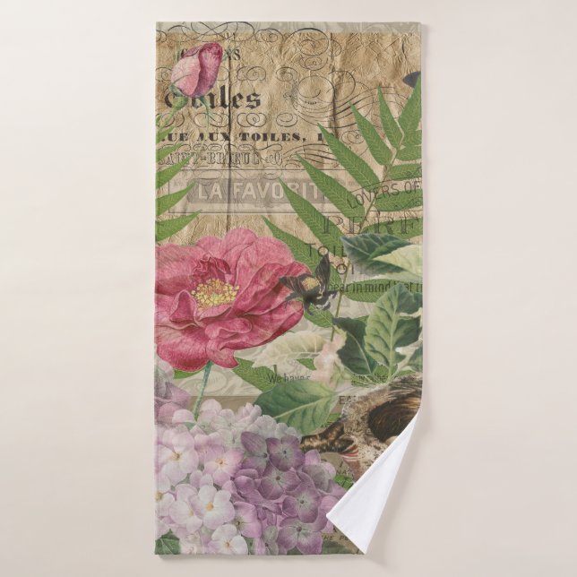 Oiseau Nid Floral Jardin Fleur Papillon Art (Serviette de bain)