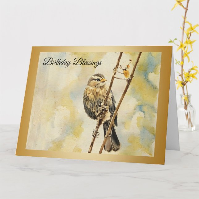Oiseau-noir à ailes rouges - Carte d'anniversaire (Fleur jaune)