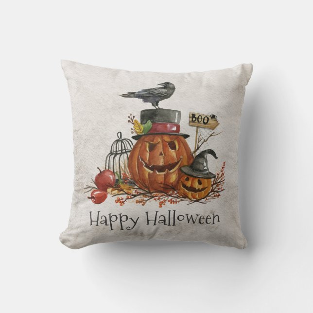 Oiseau noir d'Halloween et Citrouilles | Coussin d (Recto)