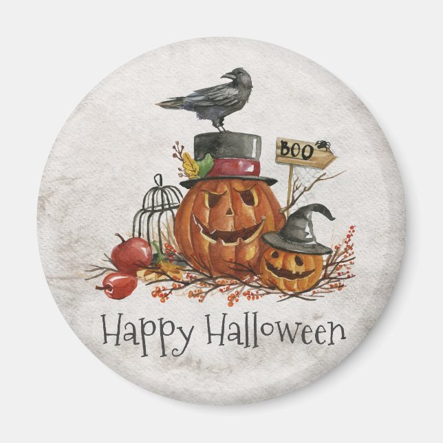Oiseau noir d'Halloween et Citrouilles | Magnet (Devant)