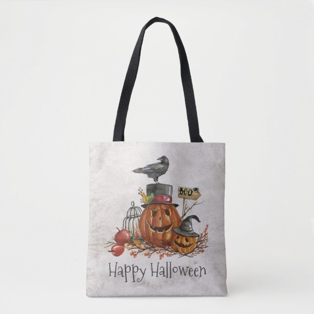 Oiseau noir d'Halloween et Citrouilles | Sac fourr (Devant)