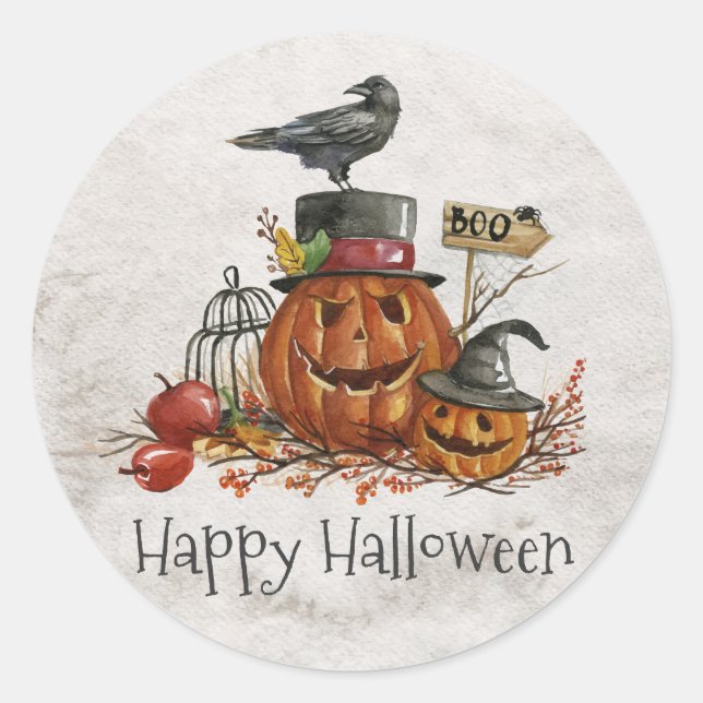 Oiseau noir d'Halloween et Citrouilles | Sticker (Devant)