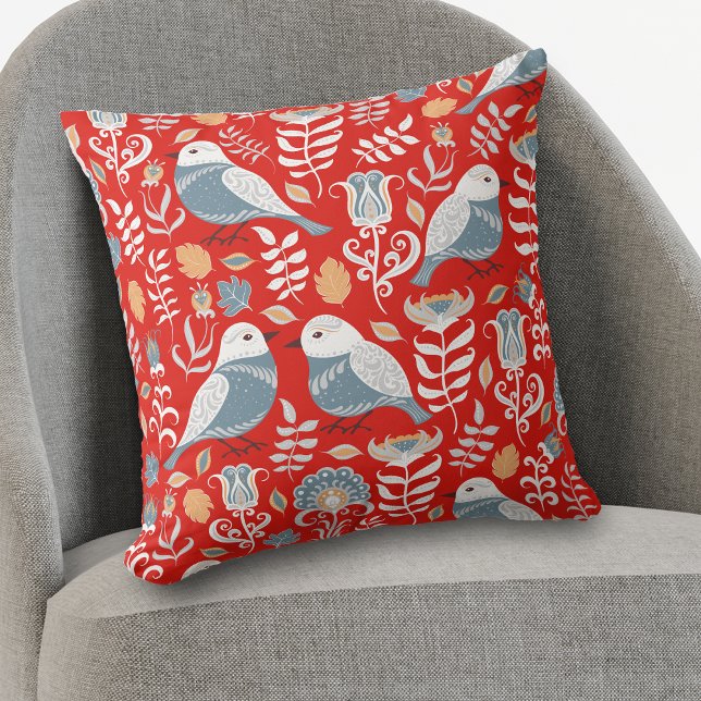 Oiseau nordique bleu sur oreiller Motif rouge (Créateur téléchargé)