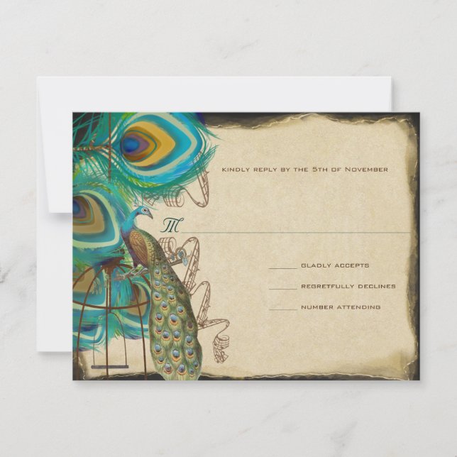 Oiseau Paon Musical Cage Plume Mariage RSVP (Devant)