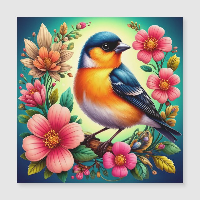 Oiseau perché parmi des fleurs colorées (Devant)