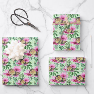 Oiseau perché sur feuilles branches fleurs roses