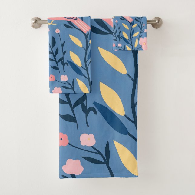 Oiseau rose mignon sur bleu gris Jeu d'oreiller (En situation)