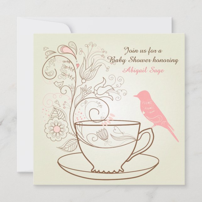 Oiseau, Teacup, Fleurs Invitation Baby shower ~ Fi (Devant)