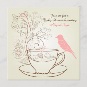 Oiseau, Teacup, Fleurs Invitation Baby shower ~ Fi