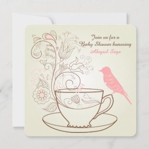 Oiseau, Teacup, Fleurs Invitation Baby shower ~ Fi