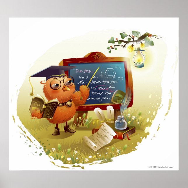 Oiseau tenant un livre et enseignant à un tableau (Devant)