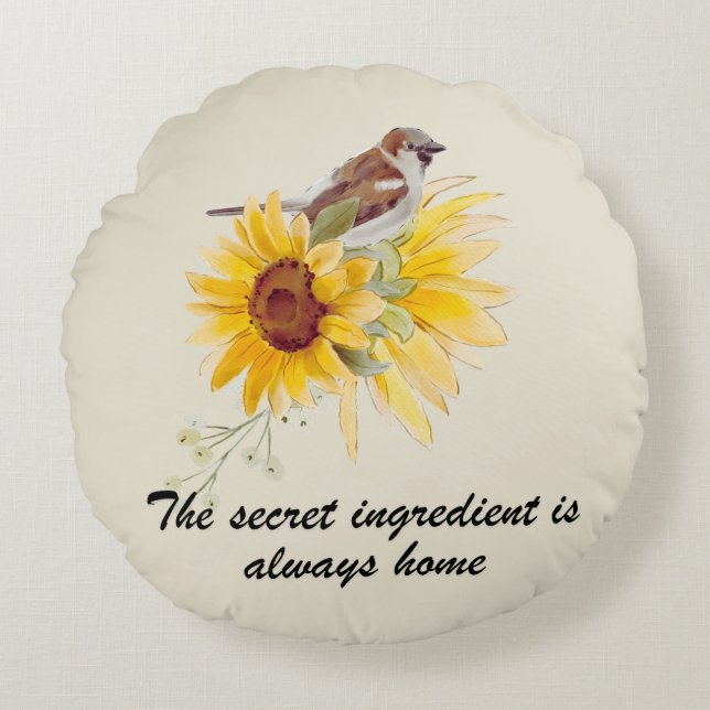 Oiseau & Tournesols Avec Citation Coussin Rond (Devant)