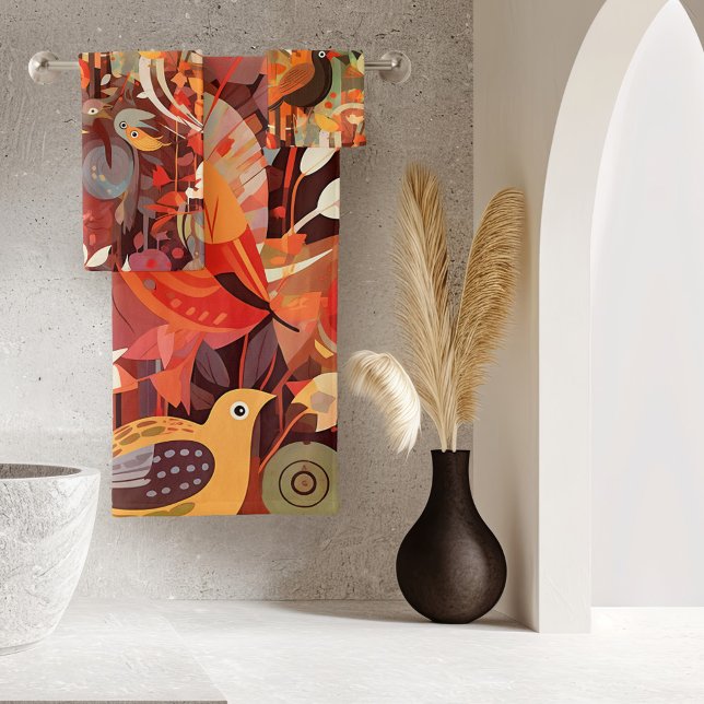 Oiseau tropical fantaisiste coloré (A colorful fantasy bathroom towel set featuring an abstract artistic design with tropical birds)