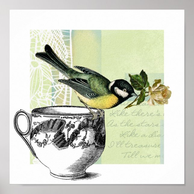 Oiseau vintage avec impression d'art collage Rose (Devant)