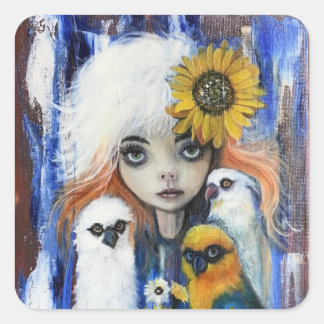 Oiseaux avec des autocollants de carré fille migno